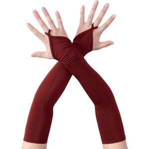 Women's Finger Loop Wine Elegant Stretchy Spandex Elbow Length Satin Gloves